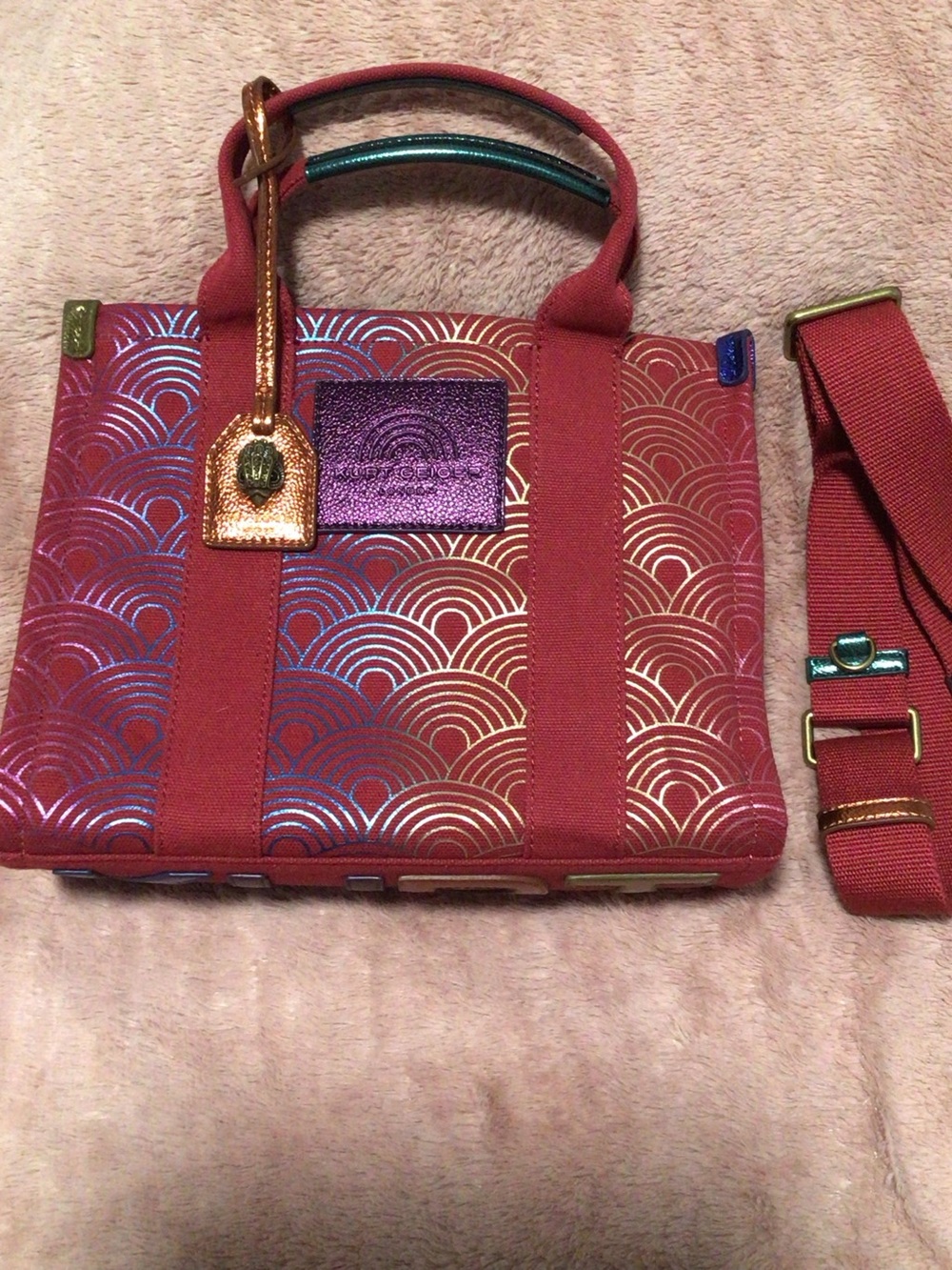 Kurt Geiger London Colorful Red Patterned Tote Bag with Metallic Accents.